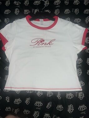 Frankie's Bikinis White Tee with Red Trim & Logo